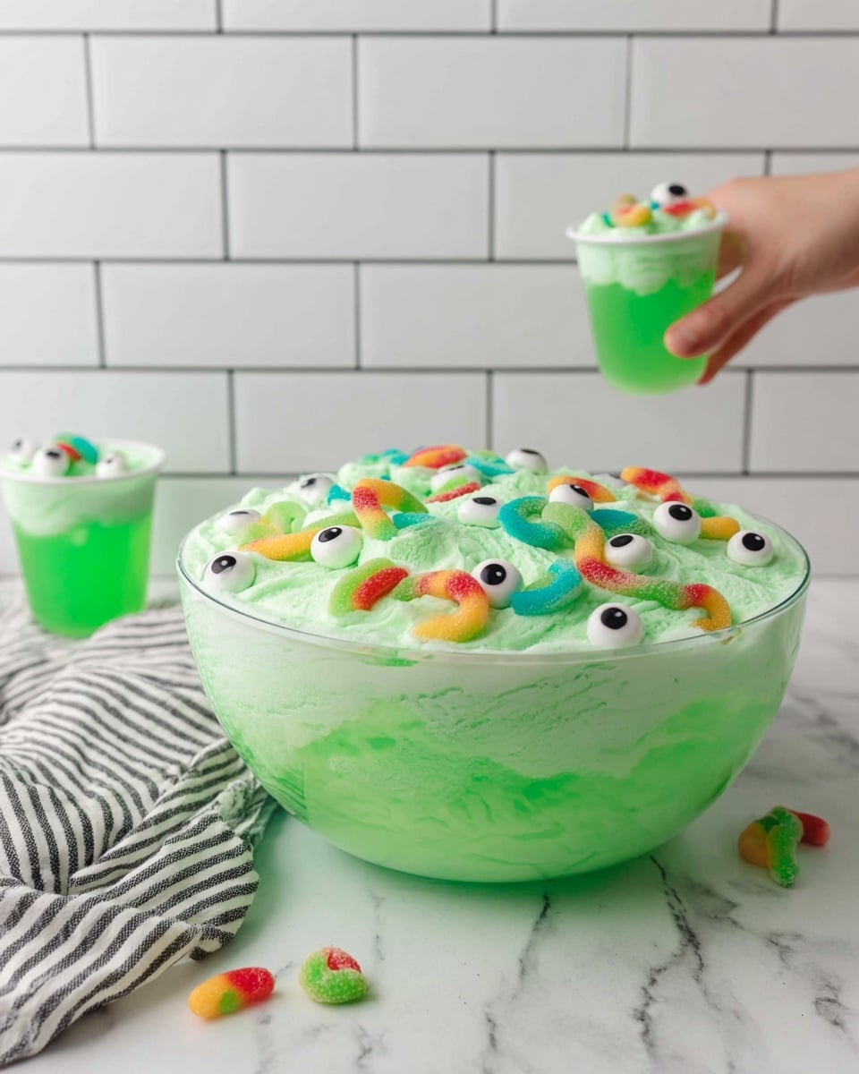 A large clear bowl filled with a bright green jelly base forms the bottom layer, topped by a fluffy, light green ice cream layer mixed with colorful gummy worms and candy eyeballs scattered across the surface and slightly sinking into the ice cream. Around the bowl, a few candy eyeballs and gummy worms sit on a white marbled surface, with two small clear cups behind the bowl also filled with the same green frozen treat and decorated with candy eyeballs, one held by a woman's hand. The background shows a white tiled wall and a white and black striped cloth. Photo taken with an iphone --ar 4:5 --v 7