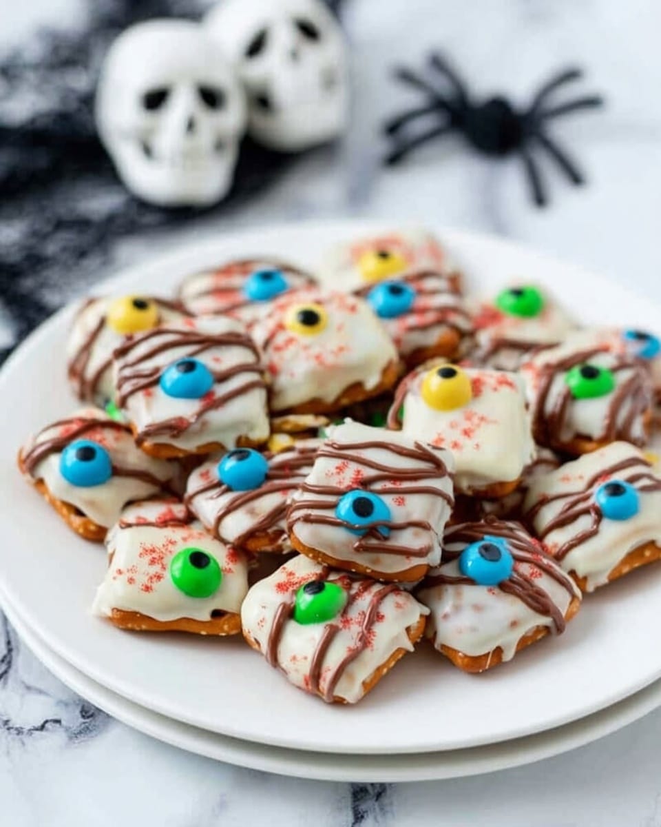 A white round plate holds many small square pretzels topped with three layers: the bottom layer is smooth white icing, the middle layer is a wavy line of light brown chocolate drizzle across the icing, and the top layer is a colorful candy eye piece in green, blue, or yellow with a small black dot in the center. Some pretzels have fine red specks scattered over the white icing. The plate is placed on a white marbled surface with blurry white skull decorations and a small black spider in the background. Photo taken with an iphone --ar 4:5 --v 7