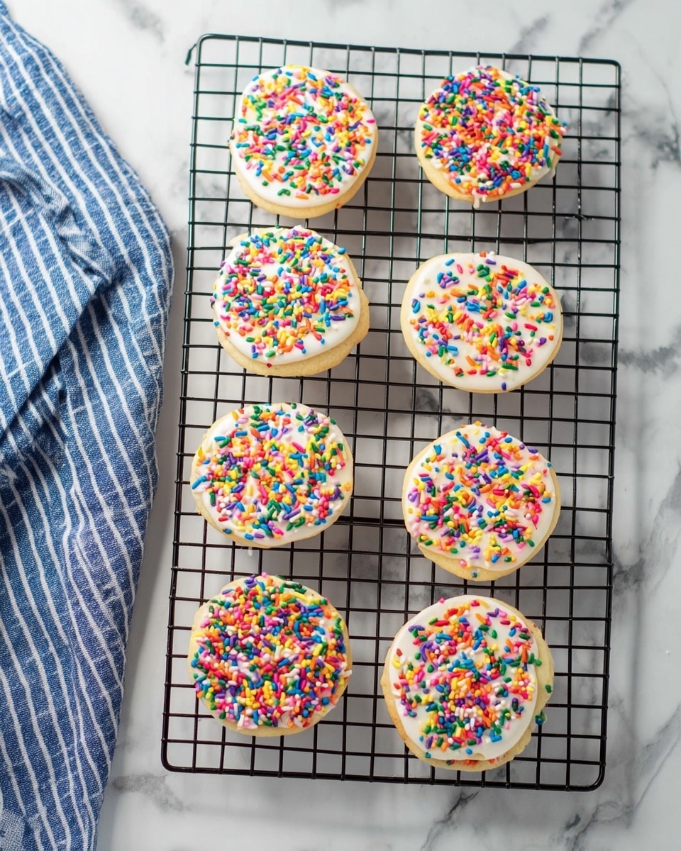 Eight round cookies with a smooth white icing layer are placed on a black cooling rack on a white marbled surface. Each cookie is topped with colorful sprinkles, with half covered in tiny round rainbow sprinkles and the other half in longer, mixed-color sprinkles. The cookies are arranged in two even columns, four in each column. A blue and white striped cloth is partially visible on the left side of the image. photo taken with an iphone --ar 4:5 --v 7