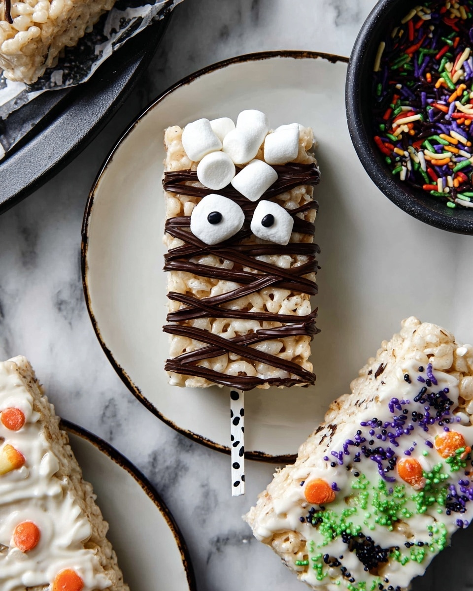 A close-up view of three crispy rice treat bars on a white plate with a thin dark rim, placed on a white marbled background. The middle bar is on a black and white striped stick, decorated with a base layer of white icing, small round white mini marshmallows on top, and drizzled with dark chocolate in a crisscross pattern, with two small black candy eyes near the top looking like a face. To the right, a bar is topped with white icing and colorful sprinkles in green, orange, purple, and black. To the left edge of the image, part of another rice treat bar is visible with white icing and scattered colorful sprinkles. Above the plate, a black bowl holds more of the same colorful sprinkles on the white marbled background. Photo taken with an iphone --ar 4:5 --v 7