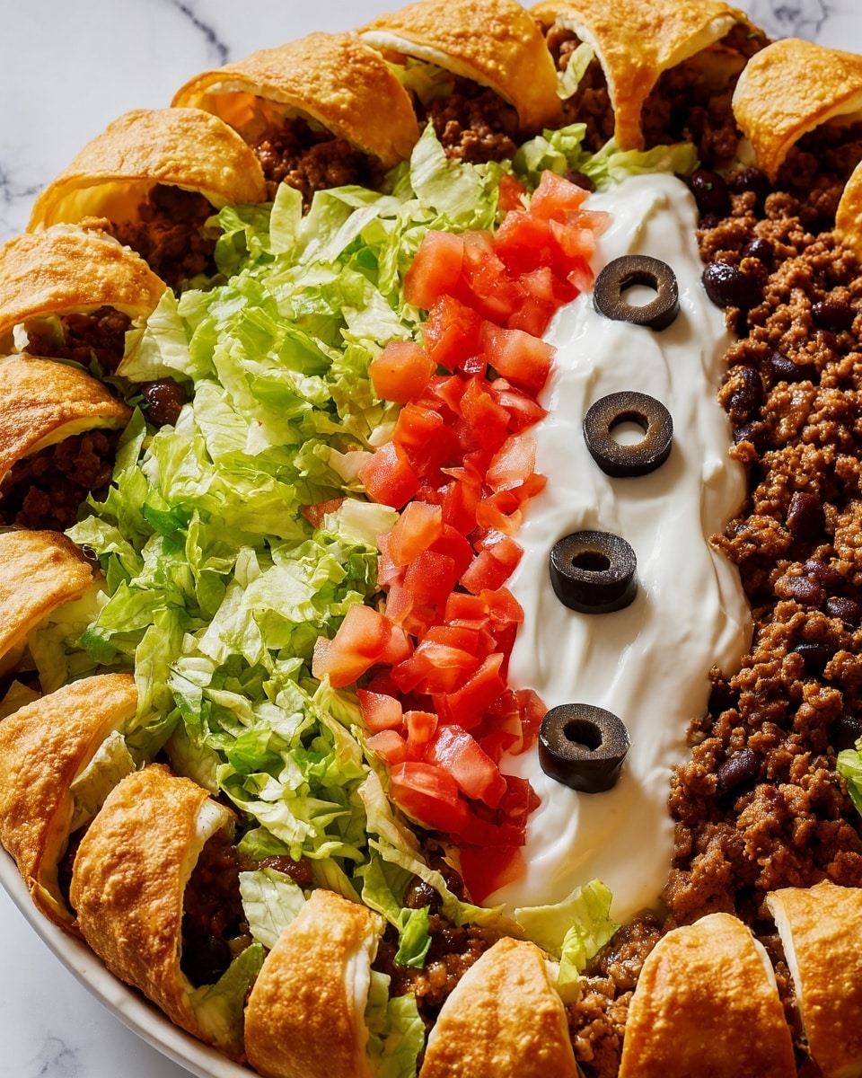 The dish is a layered taco salad arranged in a white bowl set on a white marbled surface. The base layer is a mix of ground beef and black beans that fills most of the bowl. Around the edge, there are evenly spaced light golden taco shells standing up and slightly open. On top of the beef, there is a row of fresh green chopped lettuce on the left, followed by a central line of bright red diced tomatoes. To the right, there is a thick layer of smooth, creamy white sour cream with two black olive slices placed on it. The colors and textures are distinct and vibrant, showing a fresh and appealing mix of ingredients. Photo taken with an iphone --ar 4:5 --v 7