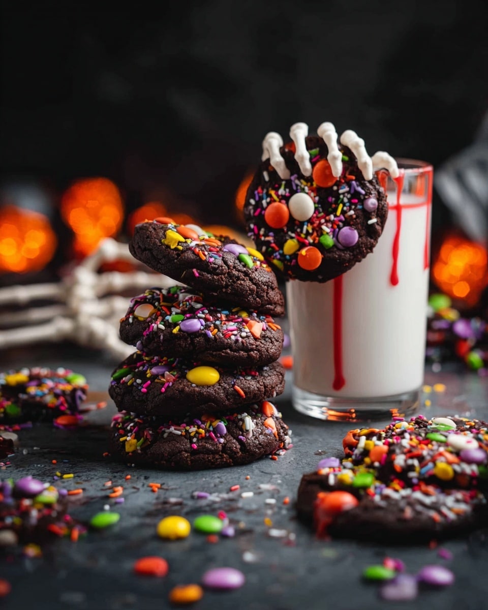 A stack of three dark chocolate cookies is leaning on a clear glass filled with white milk, with bright red syrup dripping down the side of the glass. The cookies are topped with colorful candy pieces in orange, yellow, green, purple, white, and pink sprinkles, giving a lively look. A white skeleton woman's hand holds the bottom cookie while more cookies and colorful candies are scattered around on a dark surface. The background is dark with soft orange lights blurred out, and the whole scene is on a white marbled texture. Photo taken with an iphone --ar 4:5 --v 7