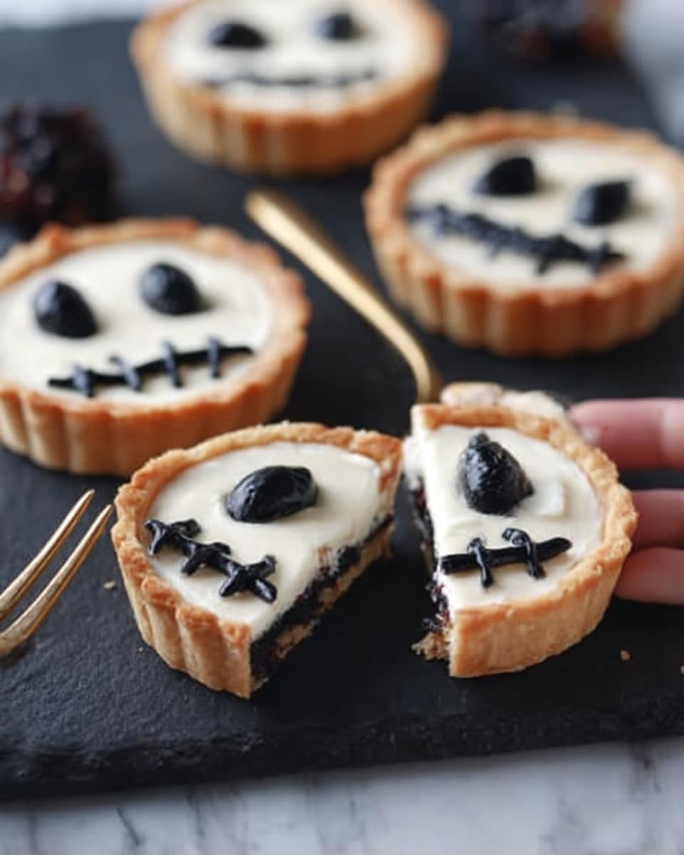 The image shows small round tarts with a light golden crust. Each tart has a smooth white cream layer on top, decorated to look like spooky skeleton faces using black olives for the eyes and thin black strips for the mouth and nose details. One tart is partially sliced, with a slice held by a woman's hand, revealing a dark filling inside the crust. The tarts sit on a matte black slate surface with a gold fork nearby, and the background is a white marbled texture. photo taken with an iphone --ar 4:5 --v 7