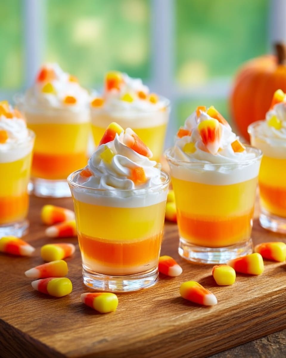The image shows several small clear glasses filled with three layered jelly shots placed on a wooden surface. Each glass has a bottom layer of white jelly, a middle layer of orange jelly, and a top layer of yellow jelly. On top of each glass is a swirl of white whipped cream, with small candy pieces that are orange, yellow, and white, placed for decoration. More of these candy pieces are scattered around the wooden surface. The background features a soft-focused window with green outside light. Photo taken with an iphone --ar 4:5 --v 7