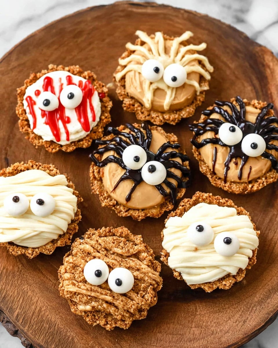 A round wooden platter holds three types of mini tart treats arranged in a circular pattern. Each tart has a rough, crumbly brown crust forming the base. One type has a white cream layer with red drizzle and a single black candy eye in the center, looking like an eyeball. Another type has a light brown creamy layer topped with dark chocolate drizzles extending outward like spider legs and two large white candy eyes on top. The third type is covered with white frosting draped in thin swirled layers to look like a mummy, with two candy eyes peeking through. The background is a white marbled surface. photo taken with an iphone --ar 4:5 --v 7