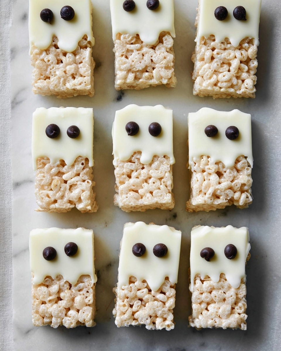 Nine rectangular rice crispy treats are arranged in three rows on a white marbled surface. Each treat has two layers: the bottom layer is made of crisped rice cereal in a light tan color with a rough texture, and the top layer is coated with smooth white chocolate that partially covers the cereal, creating an uneven line where the two layers meet. On the white chocolate section of each treat, there are two dark chocolate chips placed to resemble eyes, giving the treats a cute ghost-like appearance. photo taken with an iphone --ar 4:5 --v 7