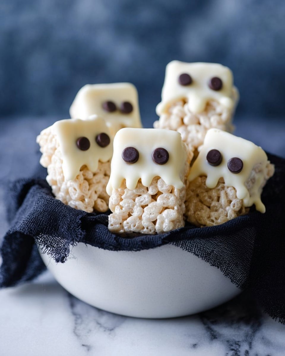 The image shows five rice cereal treats standing upright in a white bowl lined with black cloth. Each treat has two layers: the bottom layer is a light beige, crispy puffed rice texture. The top layer is coated with smooth white chocolate, with two round, dark chocolate pieces placed like eyes near the top center, giving the treats a ghost-like face. The edges of the white chocolate layer have slight drips over the rice layer, adding texture. The bowl sits on a white marbled surface with a soft, blurred dark blue background. photo taken with an iphone --ar 4:5 --v 7
