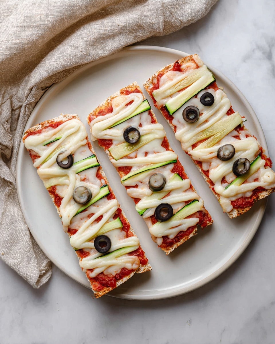 Two rectangular slices of pizza rest on a white plate over a white marbled surface. Each slice has a thin, golden-brown crust with a layer of red tomato sauce covering it. Thin green vegetable strips, likely zucchini, are placed under a thick, creamy layer of melted white cheese flowing unevenly across the top. Two black olive rings sit near the edge of each slice, standing out against the white cheese. A beige, loosely woven fabric is draped in the background. Photo taken with an iphone --ar 4:5 --v 7