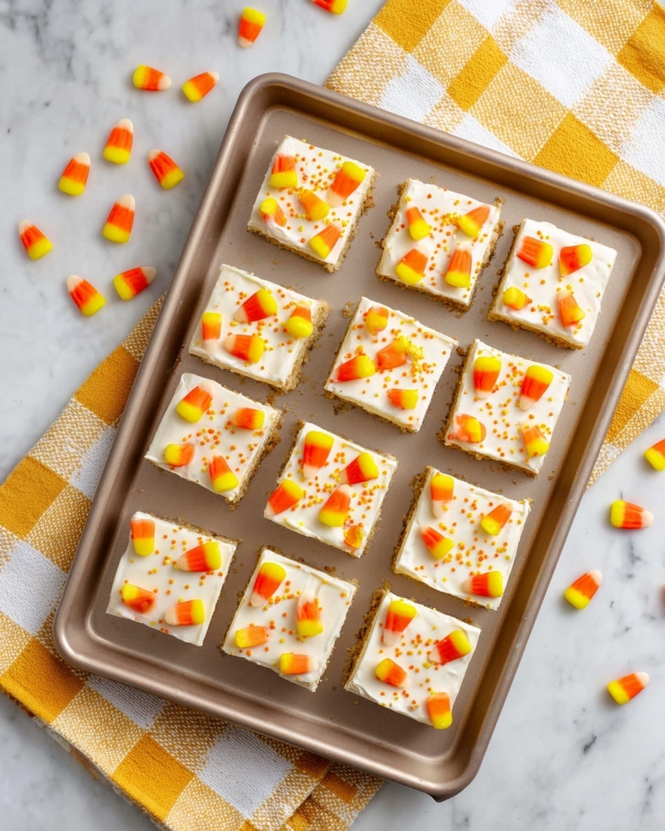 There are nine square dessert bars arranged neatly on a light brown baking tray, each with three layers: a light brown crust at the bottom, a thick creamy white layer in the middle, and a smooth white frosting on top. The top layer is decorated with small candy corn pieces, each showing its three colors of yellow, orange, and white. Tiny round sprinkles in orange and yellow are scattered across the frosting. The tray is placed on a white marbled surface with a yellow and white checkered cloth partially visible beneath the tray and candy corn pieces scattered around it. Photo taken with an iphone --ar 4:5 --v 7