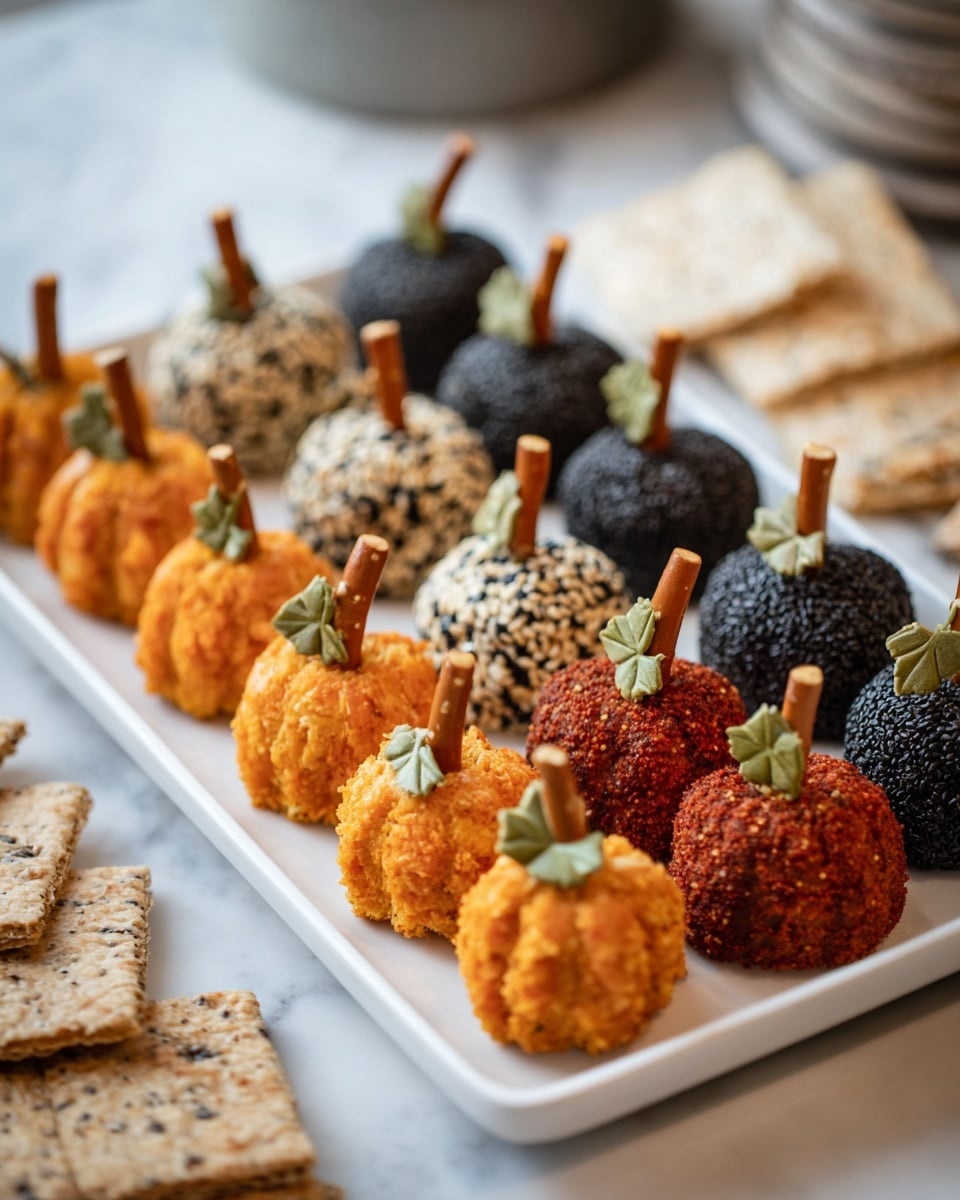 A white rectangular plate holds three neat rows of small pumpkin-shaped cheese balls. The first row has bright orange cheese balls with a crumbly texture, each topped with a small pretzel stick as a stem and a tiny green leaf. The second row features black cheese balls covered in white sesame seeds, also with pretzel stick stems and small green leaves. The third row shows cheese balls coated in reddish-orange spice powder, each topped with a pretzel stick and a green leaf. The plate rests on a white marbled surface with some crisp flatbread and seed crackers around it, giving a cozy and inviting feel. photo taken with an iphone --ar 4:5 --v 7