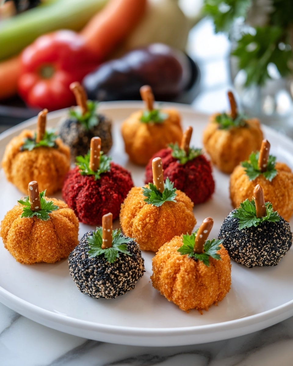 A white plate holds eleven small balls shaped like pumpkins arranged in a loose circle. The pumpkins have three different layers: one set is coated in orange crumbs with a rough texture and topped with a small pretzel stick as the stem, another set is coated in black and white sesame seeds giving a textured speckled look with a pretzel stick on top, and the last set is coated in red crumbs with a rough texture and also has a pretzel stick stem. Each pumpkin ball has a green parsley leaf tucked beside the stem. The plate sits against a white marbled surface with blurred fresh vegetables in the background. Photo taken with an iphone --ar 4:5 --v 7