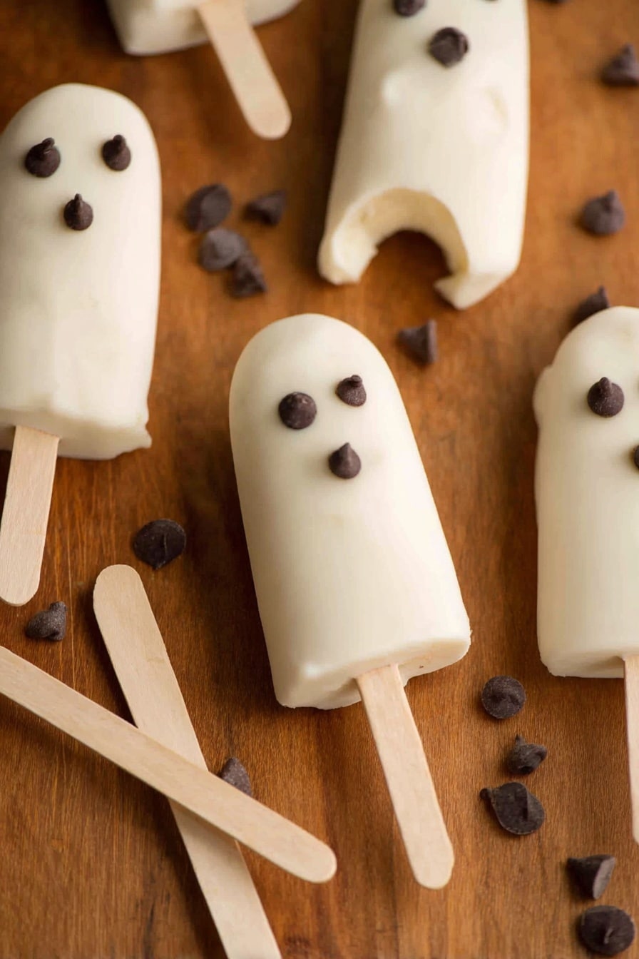 Boonanas, Halloween banana treats, frozen ghost snacks, healthy Halloween desserts, kid-friendly spooky snacks - The image shows several popsicles with a smooth white coating shaped like ghosts, each having three small dark chocolate chips arranged as eyes and a mouth on the top layer. There is one popsicle with a bite taken out of the top, revealing a lighter inside layer under the white coating. All popsicles have light wooden sticks attached to their base. Some loose chocolate chips are scattered around the popsicles on a wooden surface that has a warm brown color with visible grain texture. Two light wooden popsicle sticks lay next to the popsicles in the lower left area of the image. The overall look is soft and creamy with a playful ghost design. Photo taken with an iphone --ar 2:3 --v 7