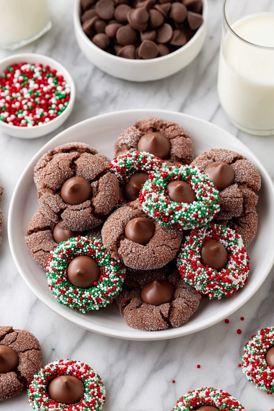 Chocolate Kiss Cookies, easy chocolate cookies, Hershey's Kiss cookies, soft chocolate cookies, holiday chocolate treats - The image shows a close-up of chocolate cookies with a round shape and a crinkly texture covered in sugar. Each cookie has one chocolate candy placed in the middle, which is smooth and glossy with a small point on top. One cookie stands out with colorful red, green, and white round sprinkles covering the outer edge, creating a bright and festive look. The cookies are stacked closely together, filling the frame. photo taken with an iphone --ar 2:3 --v 7