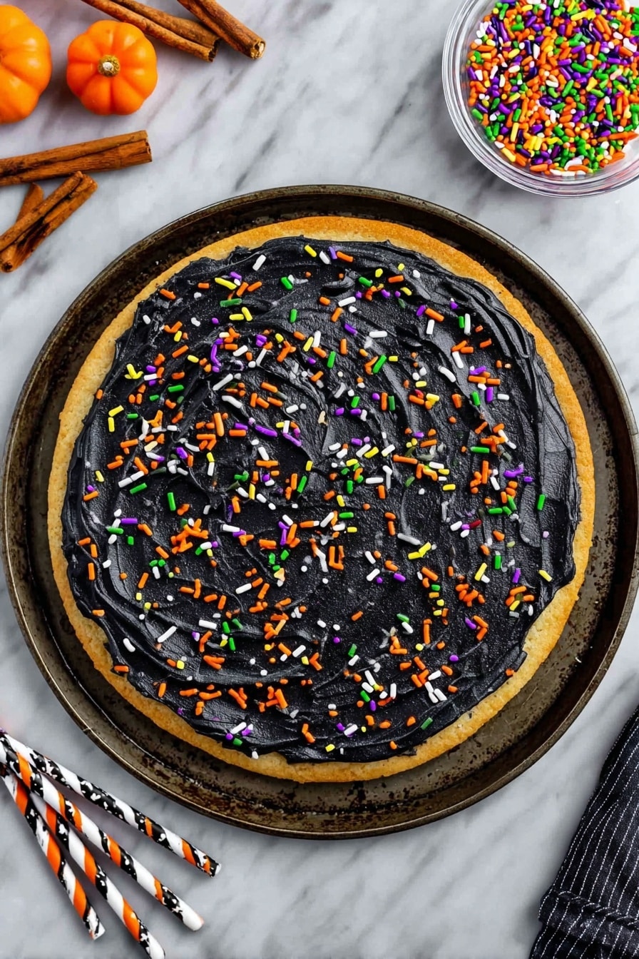 Halloween Pumpkin Spice Cookie Cake, pumpkin spice cookies, Halloween dessert recipes, festive cookie cake, fall pumpkin treats - A round cookie base in light brown color forms the bottom layer, topped with a thick spread of black frosting that has a smooth, slightly shiny texture with visible swirl marks. Colorful sprinkles in orange, green, purple, and white are scattered evenly over the black frosting layer. The cookie sits on a dark metal round tray, placed on a white marbled surface. On the top right, there is a clear glass bowl filled with the same colorful sprinkles, and on the top left, there are two cinnamon sticks and two small orange pumpkin-shaped candies. At the bottom left, there are three paper straws with black and white stripes, orange stripes, and black dots. Photo taken with an iphone --ar 2:3 --v 7