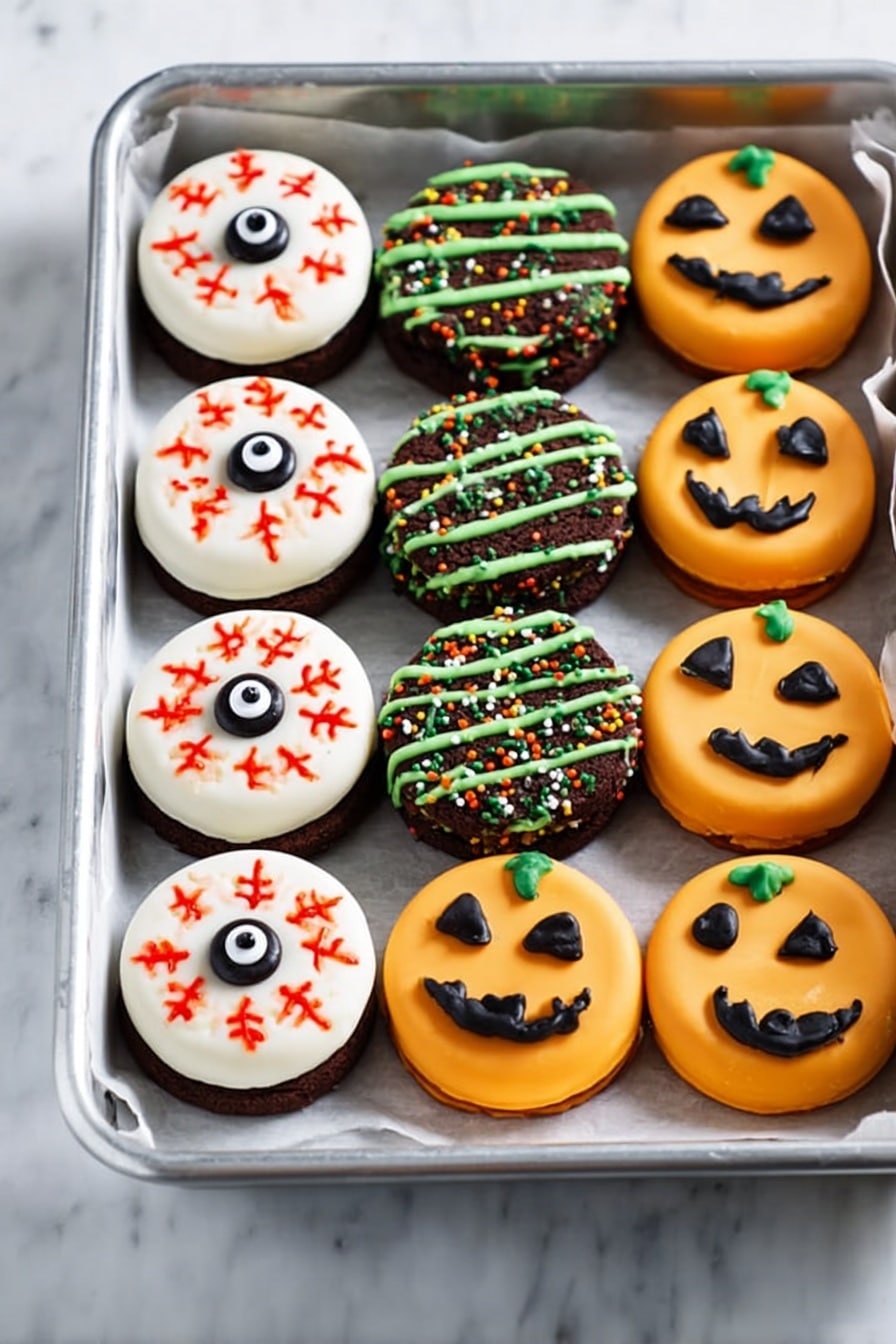Halloween Oreo Candy Melt Treats, fun Halloween desserts, no-bake holiday treats, easy Halloween candy recipes, festive Halloween snack ideas - The image shows a metal tray lined with white parchment paper holding three types of round Halloween-themed cookies arranged in neat rows. The first type has a white base layer and is topped with a black and white candy eyeball in the center, decorated with red icing lines radiating outward like blood vessels. The second type has a dark brown base layer with green icing drizzled across the top and colorful sprinkles scattered over it. The third type has an orange base topped with black icing forming simple jack-o'-lantern faces, some with triangle eyes and others with round eyes and a smile. The tray rests on a white marbled background. photo taken with an iphone --ar 2:3 --v 7