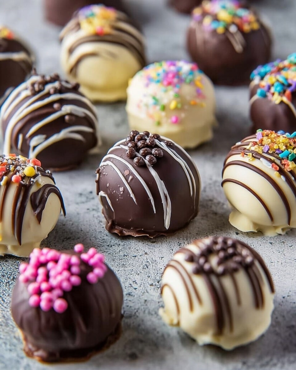 The image shows several round chocolate truffles resting on a textured gray surface, each decorated differently. The main truffle in the center is dark chocolate with white chocolate drizzled on top and colorful small round sprinkles scattered over it. Around it are other truffles, including one covered fully in dark chocolate with pink cylindrical sprinkles, one in white chocolate with dark chocolate drizzles, and another dark chocolate truffle topped with bright multicolored round sprinkles. The truffles have a smooth, shiny texture with some raised drizzle lines and sprinkles adding color and texture contrast. Photo taken with an iphone --ar 4:5 --v 7