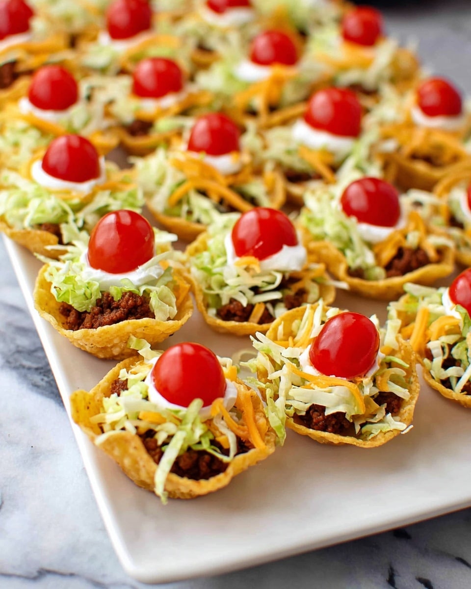 A white rectangular plate is filled with many small taco cups arranged in rows, each cup made of a crispy taco shell. Each shell is layered first with a dark brown ground meat, then topped with a dollop of white sour cream, followed by light green shredded lettuce. Next, a layer of shredded orange cheese is sprinkled over the lettuce. Finally, each taco cup is topped with a bright red halved cherry tomato, placed cut side up. The plate sits on a white marbled surface. Photo taken with an iphone --ar 4:5 --v 7