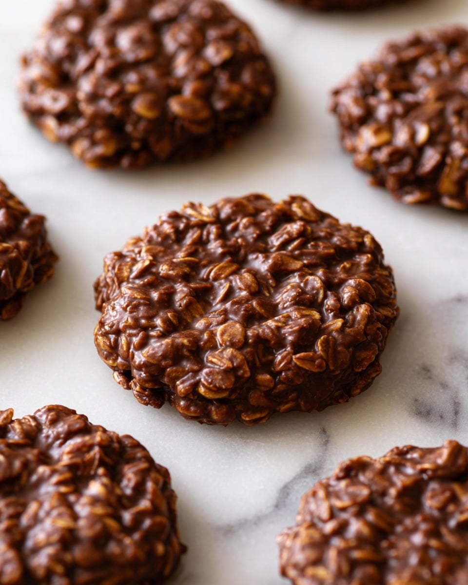 The image shows multiple round chocolate oatmeal cookies placed directly on a white marbled surface. Each cookie looks thick with a rough, bumpy texture made from chocolate and oats mixed together. The cookies have a slightly shiny, glossy look from the chocolate coating, and their dark brown color varies because of the oats inside. The cookies are spaced apart, filling the frame with one cookie in clear focus near the center. Photo taken with an iphone --ar 4:5 --v 7