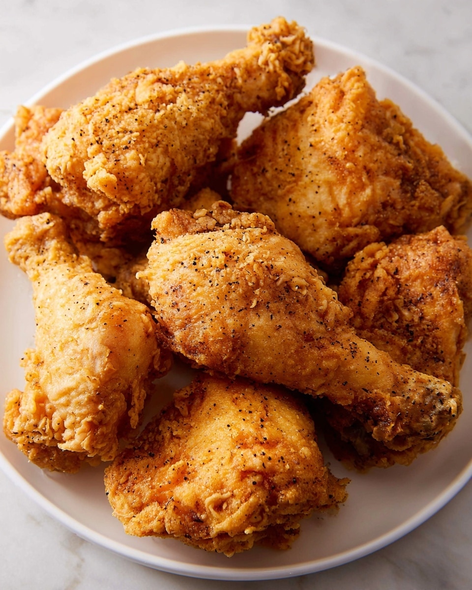 A white plate is filled with seven pieces of fried chicken, each piece coated in a golden brown, crispy skin with a bumpy texture and small black pepper specks scattered on the surface. The chicken pieces vary in shape, including drumsticks and other sections, all piled closely together to fill the plate. The plate sits on a white marbled surface, with a close-up view that highlights the crunchy texture and warm color of the fried coating. Photo taken with an iphone --ar 4:5 --v 7