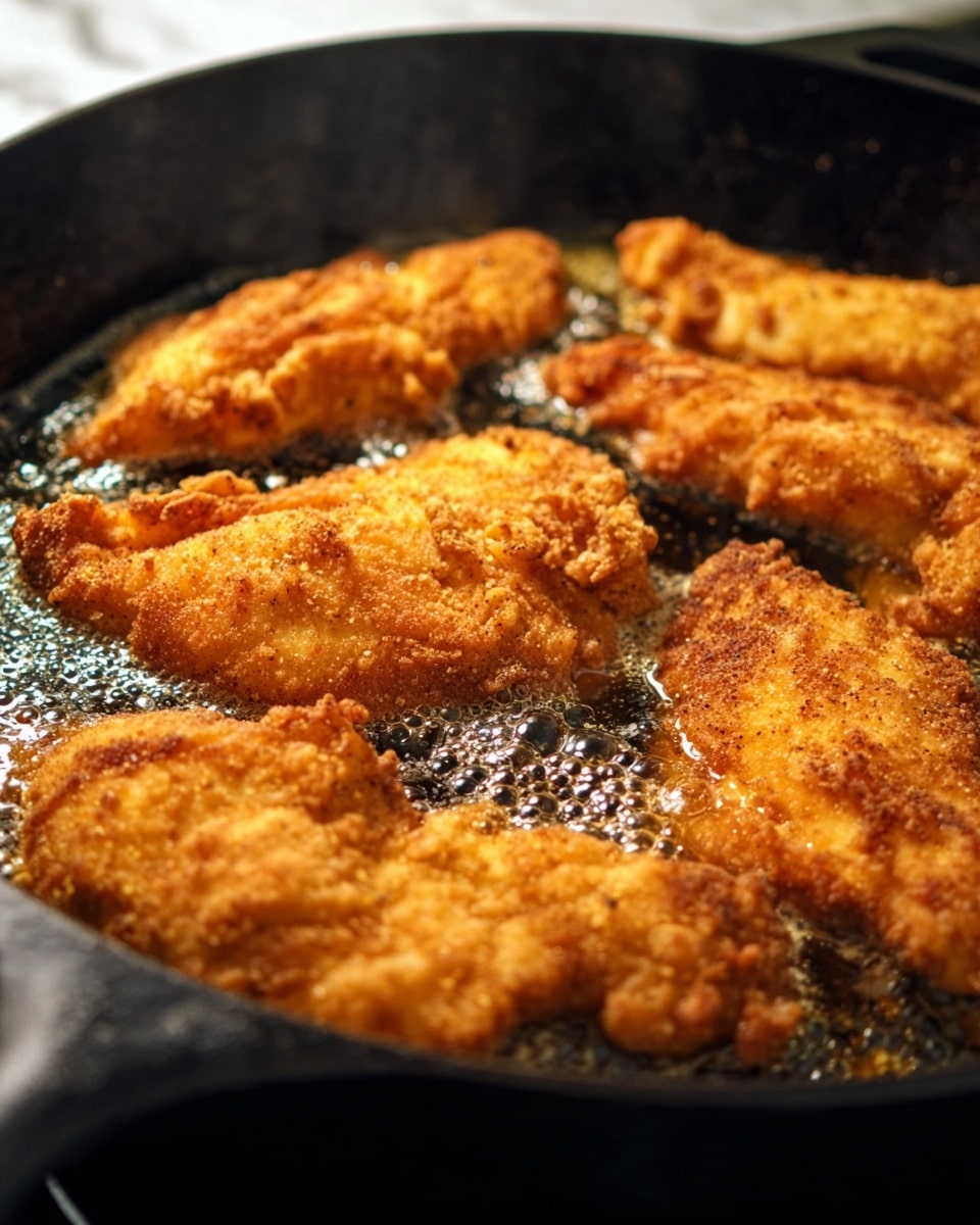 A close-up view of five golden fried pieces of chicken cooking in a black cast iron pan. Each piece has a crispy and spicy coating with visible specks of seasoning, browning evenly. The oil bubbles around the chicken, giving a shiny and hot appearance. The background consists of a white marbled surface, and the focus is on the texture and color of the fried chicken, showing a rich, crunchy crust. photo taken with an iphone --ar 4:5 --v 7