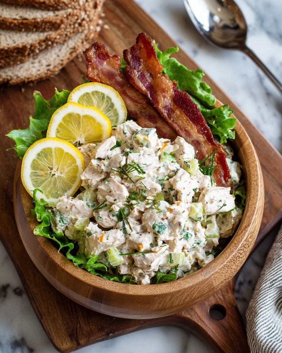 A wooden bowl contains a creamy chicken salad with visible small pieces of green celery and fresh herbs mixed through the white salad dressing. On one side of the bowl, there are two crispy strips of cooked bacon resting on green leafy lettuce that lines the bottom. Two thin lemon slices are placed on top of the salad near the bacon. The bowl sits on a wooden board on a white marbled surface with some brown bread slices stacked in the background and a silver spoon to the right. A woman's hand holding the bowl is slightly visible near the bottom left corner. photo taken with an iphone --ar 4:5 --v 7