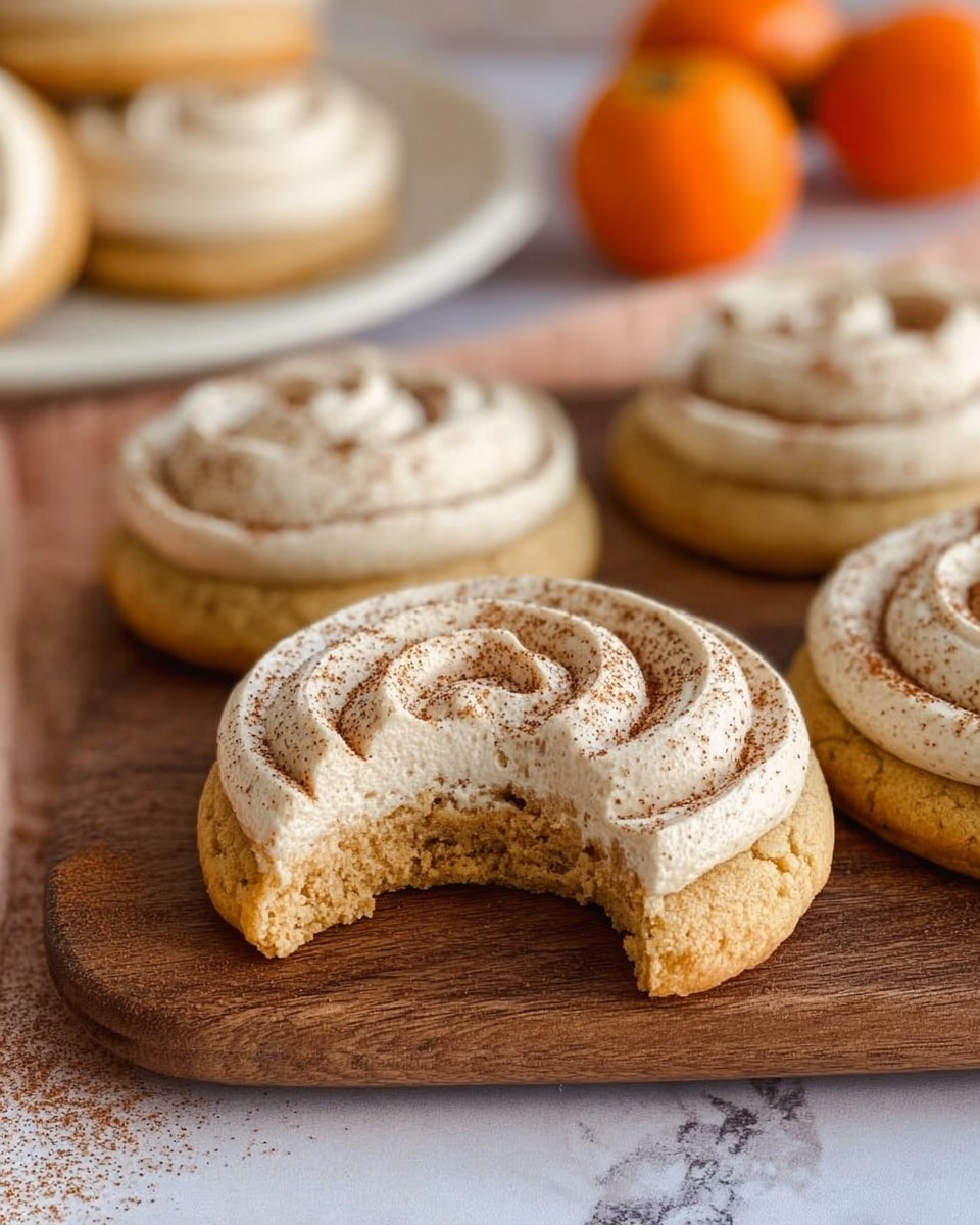 The image shows round cookies with two layers placed on a wooden board. The bottom layer is a light golden-brown cookie with a soft texture. The top layer is a thick swirl of cream-colored frosting with a dusting of brown powder on the surface, giving it a textured look. One cookie is missing a bite, showing the soft inside. In the background, there is a white plate holding more cookies and a couple of small orange fruits on a white marbled surface. photo taken with an iphone --ar 4:5 --v 7