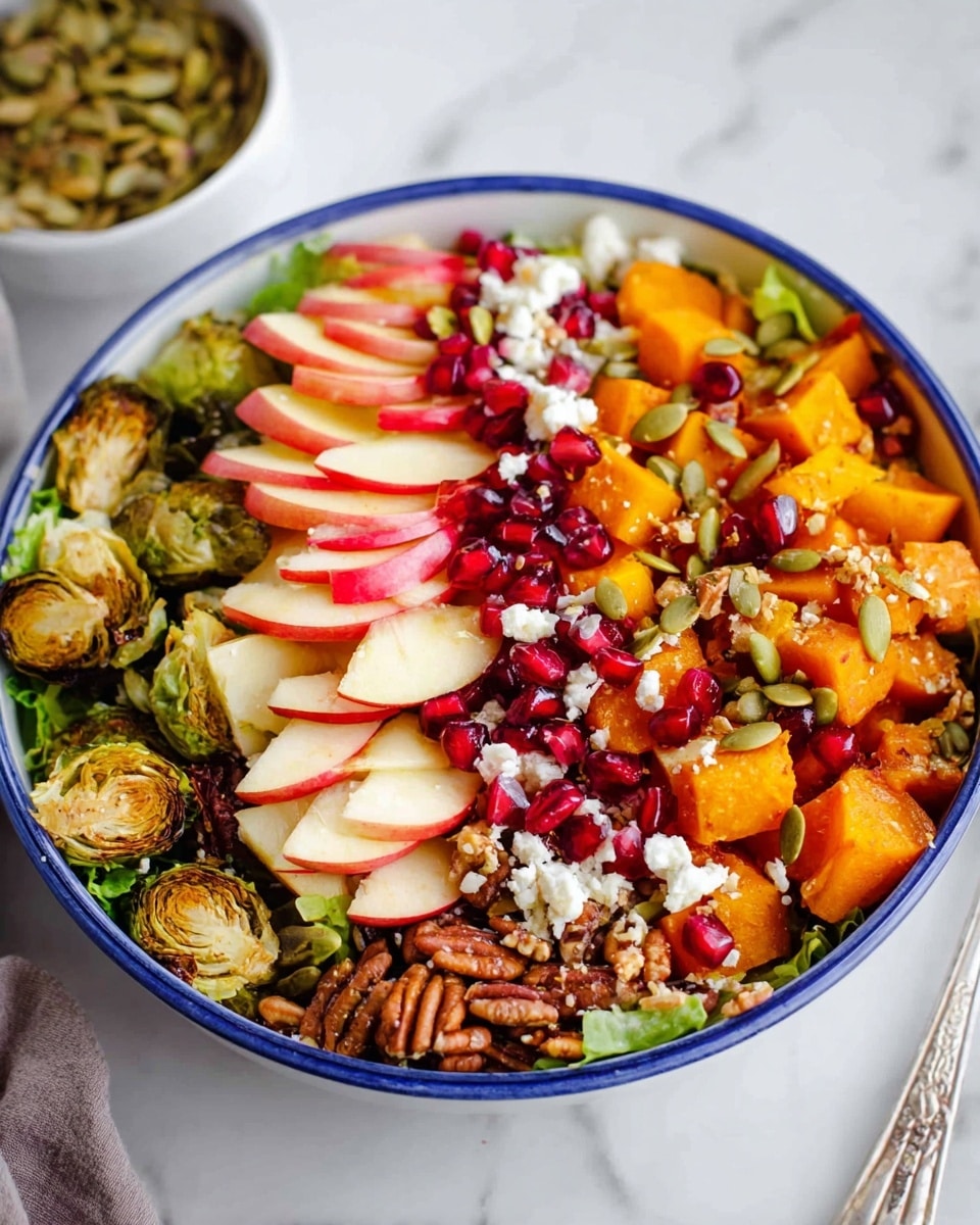 A white bowl with a blue rim holds a colorful salad arranged in separate sections. The bottom layer is green leafy lettuce, topped with four main layers: chopped red apple pieces with skin on at the top, golden roasted Brussels sprouts to the right, bright orange roasted butternut squash cubes below, and a mix of pecans at the bottom. The salad is sprinkled with white crumbled cheese, red pomegranate seeds, and light green pumpkin seeds scattered across all sections. The bowl is placed on a white marbled surface with a white bowl of additional pumpkin seeds visible in the background. Photo taken with an iphone --ar 4:5 --v 7