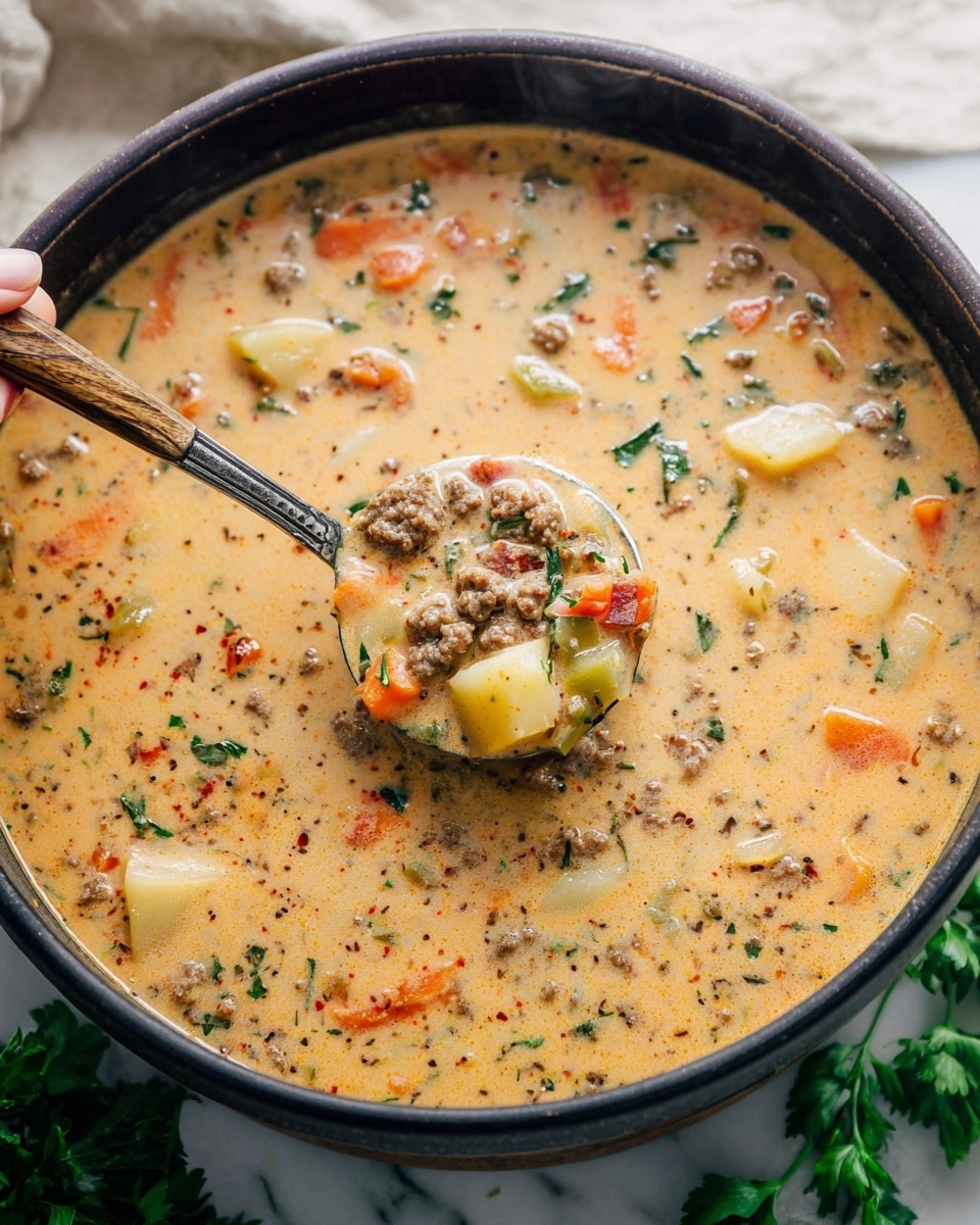 A close-up shows a thick creamy soup in a dark bowl placed on a white marbled surface, filled with small chunks of orange carrots, green herbs, light-colored potatoes, and brownish bits of ground meat mixed into the smooth, light orange broth. A woman's hand holds a spoon filled with a scoop of the soup, revealing the detailed mix of ingredients inside the thick liquid. Fresh green herbs lay nearby on the white marbled texture. Photo taken with an iphone --ar 4:5 --v 7