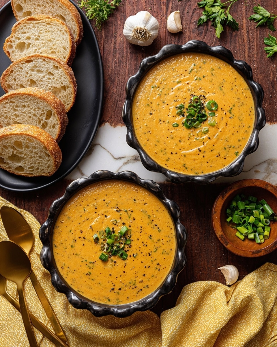 Two black bowls with scalloped edges are filled with thick, creamy orange soup speckled with herbs and topped with chopped green onions at the center. The bowls sit on a dark wooden surface with a white marbled texture. To the left, a black plate holds several slices of light golden brown crusty bread, with a few pieces scattered nearby. A bulb of garlic with some cloves separated is also placed on the surface near the bread. On the right, a small wooden bowl contains more chopped green onions, sitting next to two golden spoons resting on a soft, crumpled yellow cloth. Some fresh green herbs are scattered around the scene for garnish. Photo taken with an iphone --ar 4:5 --v 7