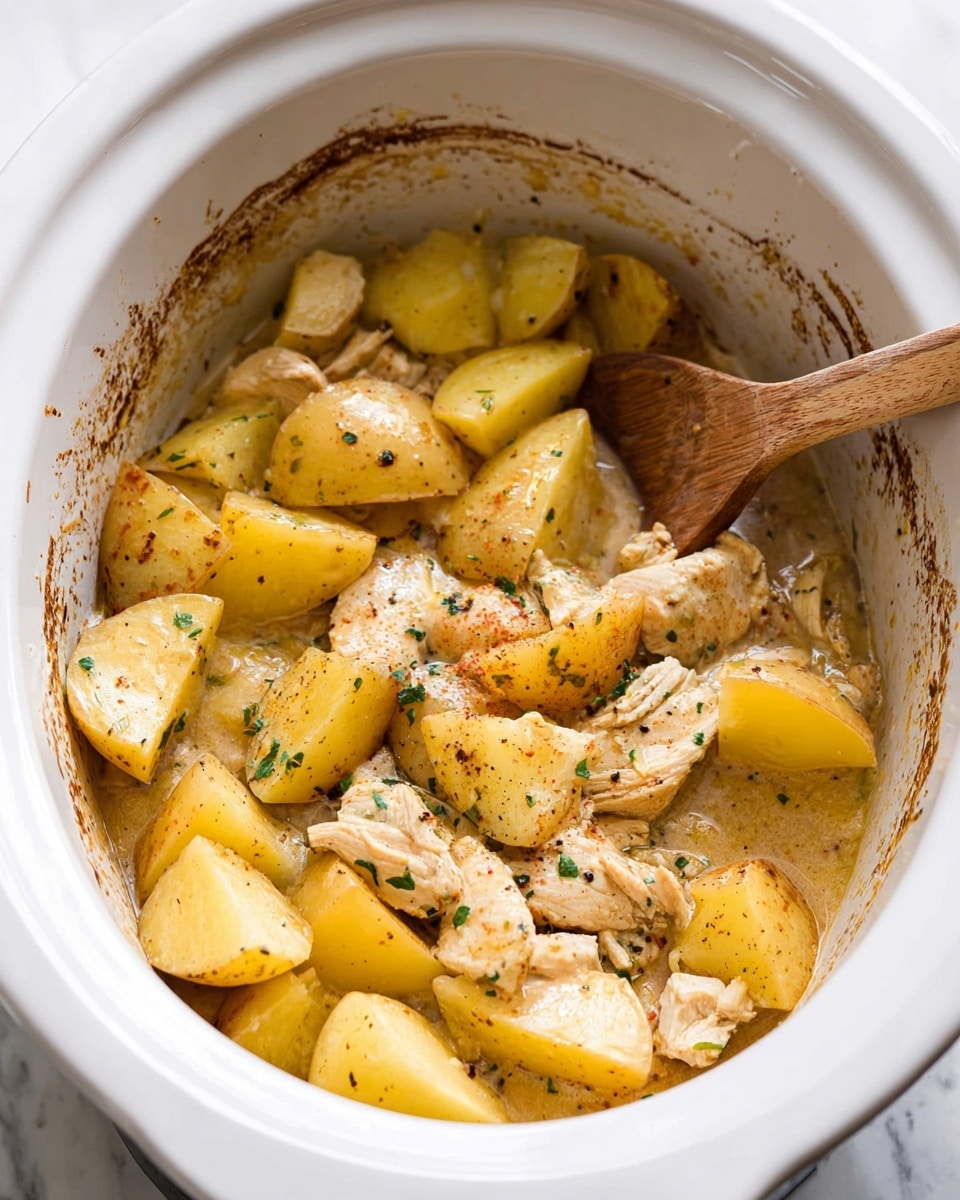 The image shows a white slow cooker filled with cooked pieces of light golden yellow potatoes cut into wedges and small chunks of beige chicken mixed in a light brown creamy sauce. The food is sprinkled with small green herb bits and black pepper, and the sides of the cooker have some brown marks from cooking. A wooden spoon is partially inside the cooker, resting on the food with its handle pointing outward, stirring the ingredients. The background is a white marbled texture photo taken with an iphone --ar 4:5 --v 7