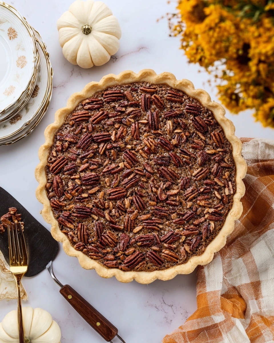 A whole pecan pie with one crust layer forming a light golden brown edge with a scalloped pattern around the rim, filled with a dense dark brown sugary layer covered evenly with chopped pecans on top, clustered pecans placed neatly in the center, all set on a white marbled surface next to two small white pumpkins, a bouquet of yellow flowers on a beige and orange plaid cloth, a stack of two white patterned plates with two golden forks on top, and a dark pie server nearby, photo taken with an iphone --ar 4:5 --v 7