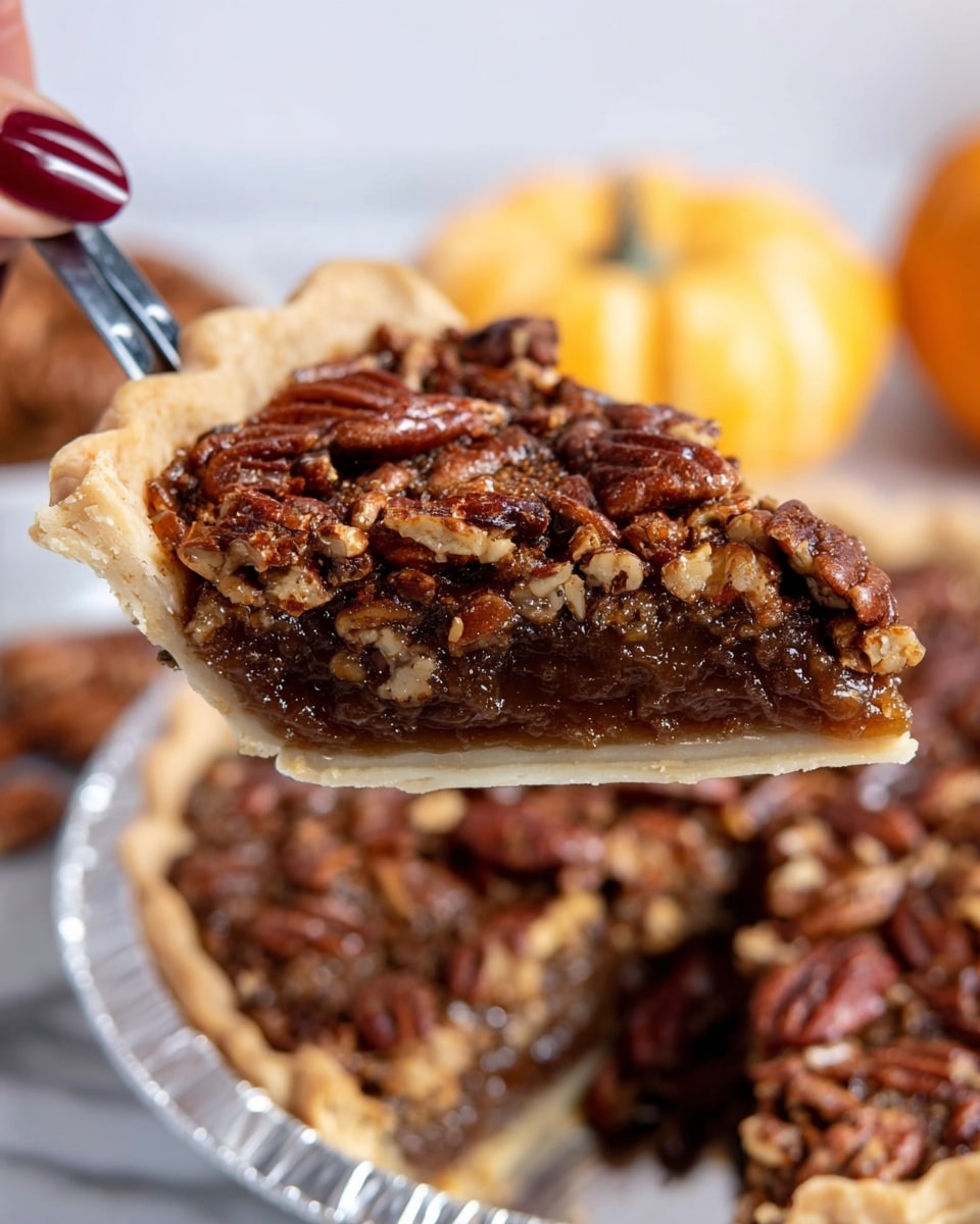 A close-up view of a slice of pecan pie being held by a woman's hand with a pie server above a white marbled surface. The slice has three distinct layers: a thin, light beige crust at the bottom and edges; a thick, glossy, dark brown filling in the middle that looks smooth and rich; and a top layer densely covered with whole and halved shiny pecans in various shades of brown, giving a crunchy texture. The slice is taken from a larger pecan pie in a foil pie dish that is partially visible below. In the blurry background, there are two pale yellow pumpkins and a woman's hand with dark red nail polish holding the pie server. The scene is softly lit, emphasizing the pie's glossy and textured surface. photo taken with an iphone --ar 4:5 --v 7