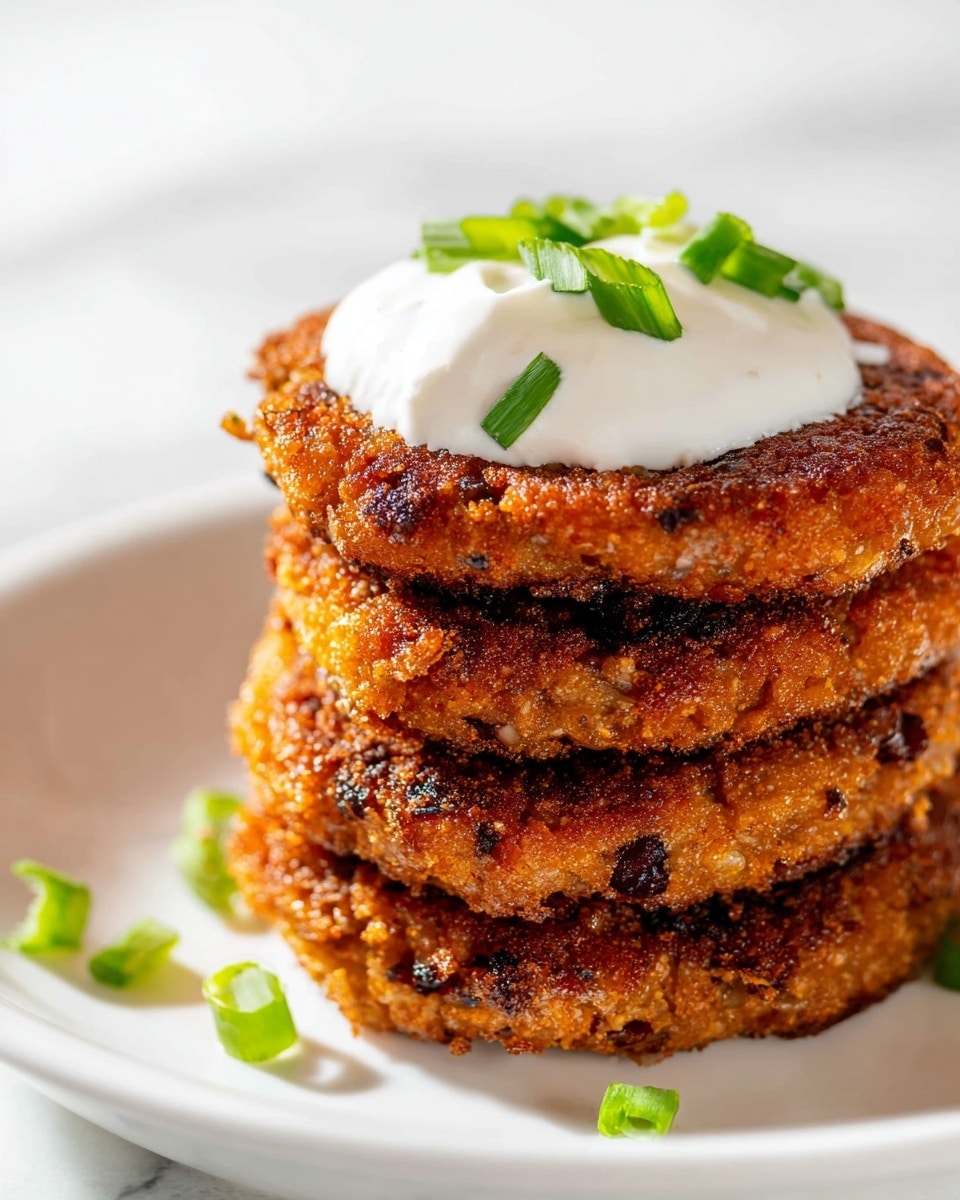 A stack of four golden-brown patties with a crispy, textured surface is placed on a white plate. Each patty shows small bits of red and dark brown, giving a crunchy look. On top of the stack, there is a dollop of smooth white cream, slightly melting over the edges. Small pieces of chopped green onions are sprinkled on the cream and around the plate, adding a fresh pop of color. The plate sits on a white marbled surface, softly lit to highlight the patties' crispiness and the cream's smoothness. photo taken with an iphone --ar 4:5 --v 7