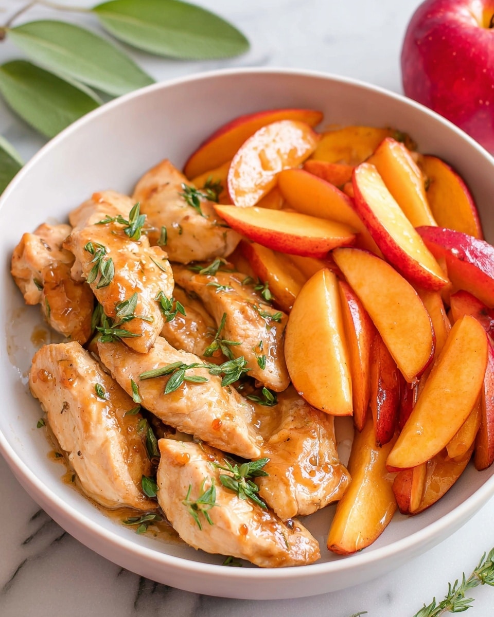 The image shows a white bowl filled with two main layers. On the left side, there are several pieces of light brown cooked chicken with a shiny glaze, garnished with small green herb leaves scattered on top. On the right side, there are many soft-looking orange-red apple slices with a warm, glossy coating, layered close together. Both the chicken and apple slices fill the bowl evenly, and the bowl is set on a white marbled surface with a green leaf and a red apple visible in the background. Photo taken with an iphone --ar 4:5 --v 7
