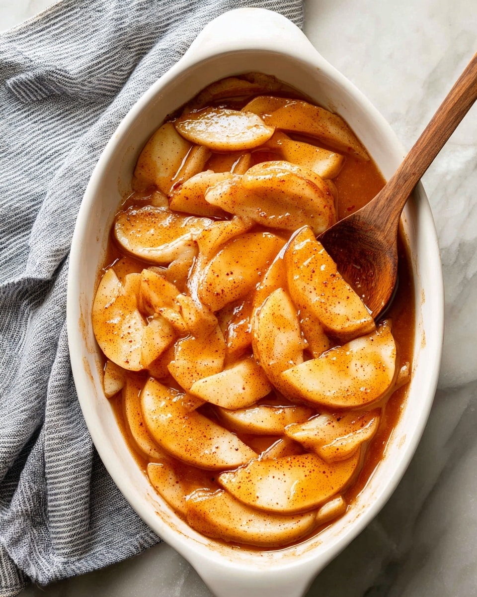 The image shows two white bowls filled with cooked apple slices covered in a warm brown cinnamon sauce. Each bowl has a small swirl of white whipped cream on top, positioned slightly to one side. The apple slices are soft and shiny, layered unevenly inside the bowls. Around the bowls, there is a larger white serving dish also filled with the same cooked apples in sauce. Near the bowls and dish, there is a small white bowl of extra whipped cream and two cinnamon sticks placed on a light beige surface with a white marbled texture. A woman's hand is holding the side of one bowl, and a gray-striped cloth is nearby. Photo taken with an iphone --ar 4:5 --v 7