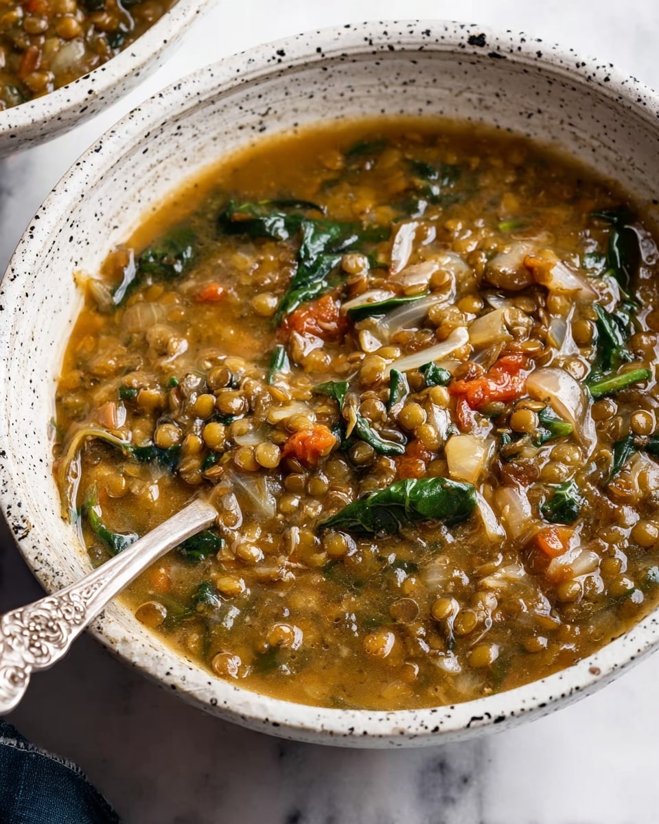 A close-up of a thick stew served in a white bowl with black speckles, filled with a mix of green lentils, pieces of tomato, spinach leaves, and translucent cooked onions in a light brown broth. The texture looks soft and hearty with visible small grains and leafy greens throughout. A silver spoon with floral engravings rests inside the bowl on the left side. The background shows a white marbled surface. photo taken with an iphone --ar 4:5 --v 7