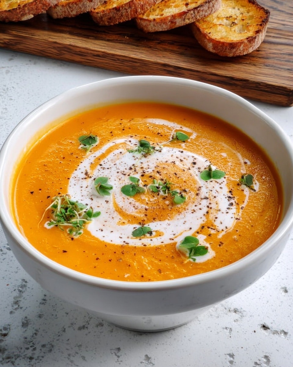 A white bowl filled with smooth orange soup, topped with a swirl of white cream and sprinkled with small green herb leaves and a light dusting of black pepper. In the background, there is a wooden board with toasted bread slices. The surface underneath is a white marbled texture photo taken with an iphone --ar 4:5 --v 7