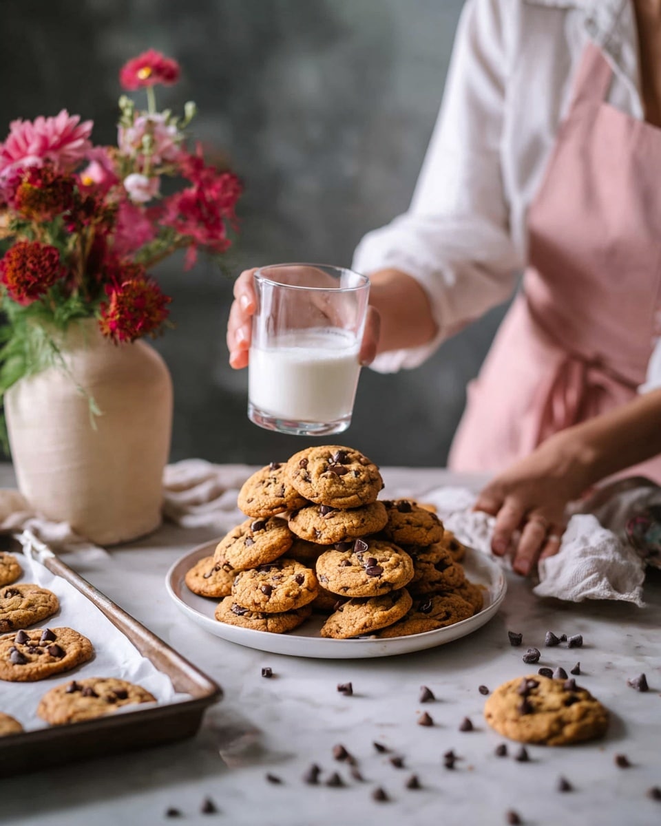 The image shows a batch of round, golden brown chocolate chip cookies cooling on a black wire rack. Each cookie has a bumpy texture with visible chocolate chips scattered unevenly throughout the surface. The cookies vary slightly in size but are all roughly similar, with a soft yet firm appearance. The setting features a white marbled surface under the rack, giving a clean, bright background to emphasize the warm color of the cookies. Photo taken with an iphone --ar 4:5 --v 7
