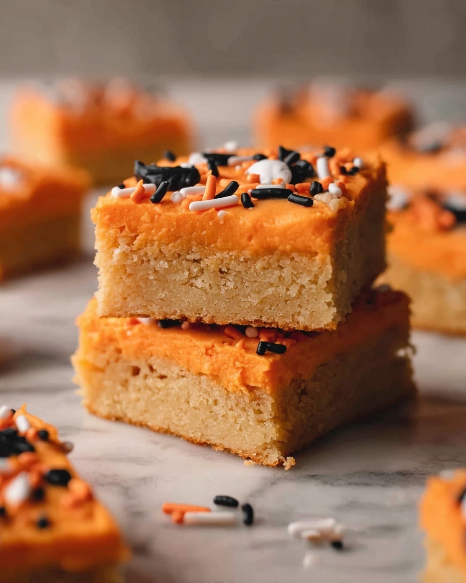 This image shows several square cookie bars arranged close together on a white marbled surface. Each cookie bar has two layers: a thick, light brown base with a soft, crumbly texture and a thick top layer of smooth, bright orange frosting. The frosting is decorated with small candy eyes that are white with black pupils, and small round and stick sprinkles in white, black, and orange colors, scattered unevenly. One cookie bar is placed on top of another, showing the thickness and texture of both layers. The photo is focused closely with a soft background blur, creating a warm, inviting feel. photo taken with an iphone --ar 4:5 --v 7
