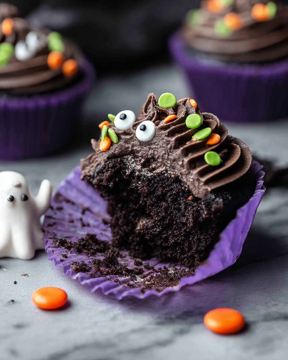 The image shows a dark chocolate cupcake broken in half, placed on a purple paper liner on a white marbled surface. The cupcake has thick, swirled dark chocolate frosting on top, decorated with colorful sprinkles in green, orange, and beige, along with two small round white candy eyes with black centers. Small orange round candies and a ghost-shaped white decoration with brown eyes are scattered around the cupcake on the surface. The cupcake's texture looks moist and dense with a rich, dark color. photo taken with an iphone --ar 4:5 --v 7