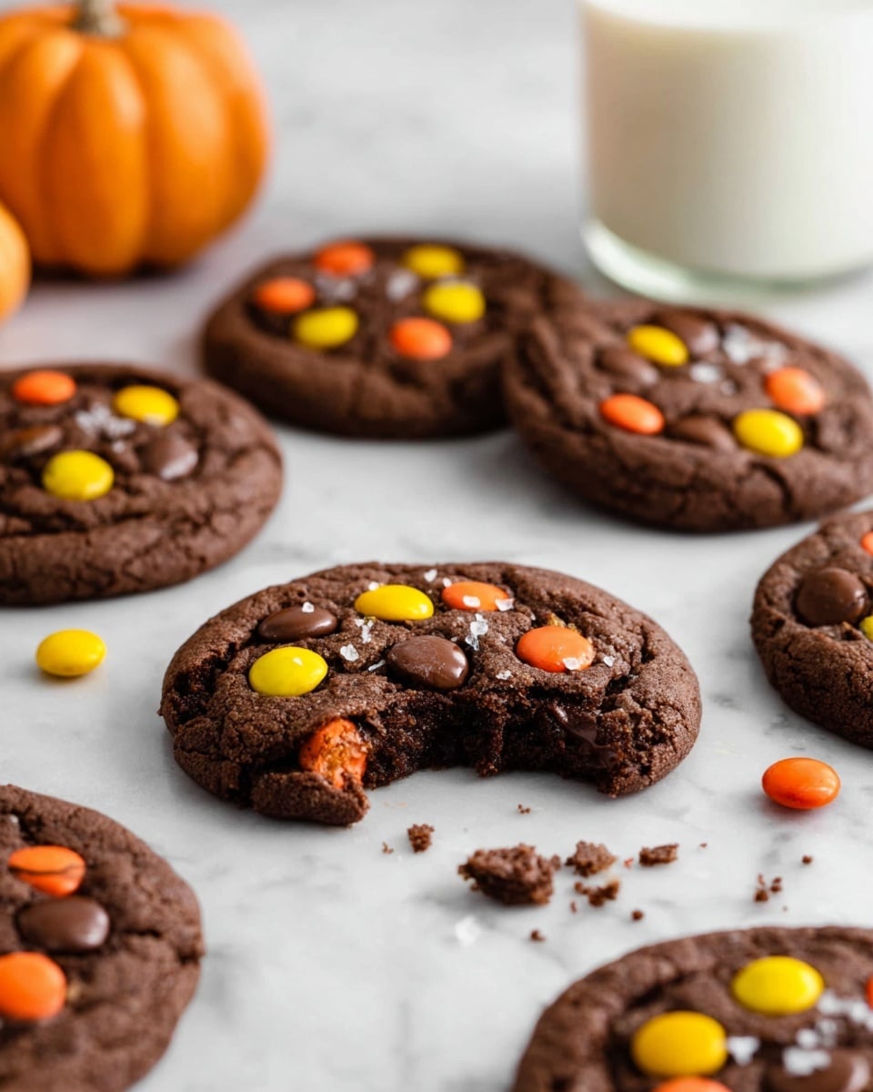 The image shows several soft, round chocolate cookies on a white marbled surface. Each cookie is decorated with colorful candy pieces in orange, yellow, and brown, some sprinkled with a bit of salt. One cookie in the front has a bite taken out of it, revealing a chewy inside. Small candy pieces and cookie crumbs are scattered around for a casual look. In the background, there is a small orange pumpkin as decoration and a glass of milk on the right side. The scene is bright and clean, focused on the rich dark brown cookies with vibrant colorful candy spots, photo taken with an iphone --ar 4:5 --v 7