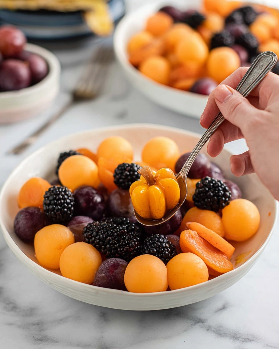 A white bowl filled with a fruit salad that has three main layers: the bottom layer of dark purple grapes and blackberries with their smooth and bumpy textures, a middle layer of bright orange apricot slices with some pieces shaped like small pumpkins, and a top layer of round, pale orange melon balls adding softness. A woman's hand is holding a silver spoon scooping up one blackberry and one pumpkin-shaped melon ball from the bowl, all set on a white marbled surface with another similar bowl slightly blurred in the background. Photo taken with an iphone --ar 4:5 --v 7