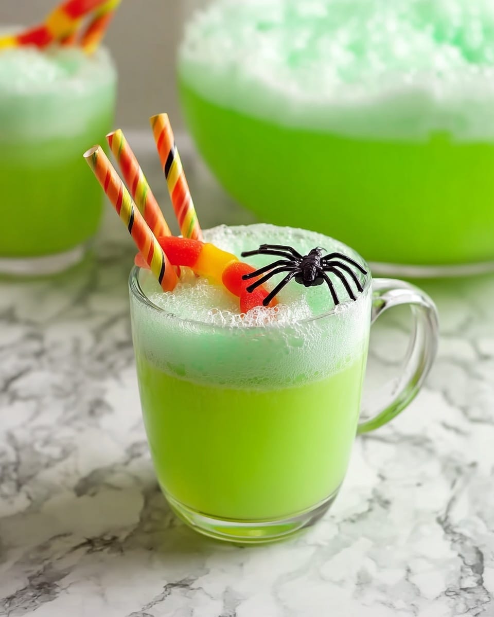 A clear glass cup filled with a bright green drink, topped with a fluffy light green foam layer. On top of the foam, there are two striped orange and black straws standing upright. A red and yellow gummy worm is placed on the foam, along with a small black plastic spider for decoration. The cup is placed on a white marbled surface, and in the background, there is a large glass bowl with more of the green drink. photo taken with an iphone --ar 4:5 --v 7