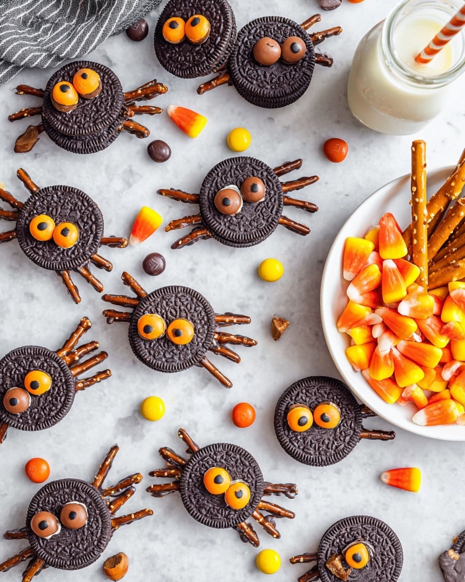 Several spider-shaped treats are laid out on a white marbled surface. Each spider consists of two dark chocolate sandwich cookies stacked as a body. Eight pretzel sticks, some dipped in chocolate at the ends, radiate out from underneath each cookie to form legs. Two colorful candy-coated chocolates, in orange, yellow, and brown shades, are placed on top of each cookie to mimic eyes. Nearby, a white bowl filled with orange and yellow candy-coated chocolates rests on a white plate, with some candies and pretzel sticks scattered around. Part of a white milk bottle with a striped straw is visible in the top right corner. photo taken with an iphone --ar 4:5 --v 7