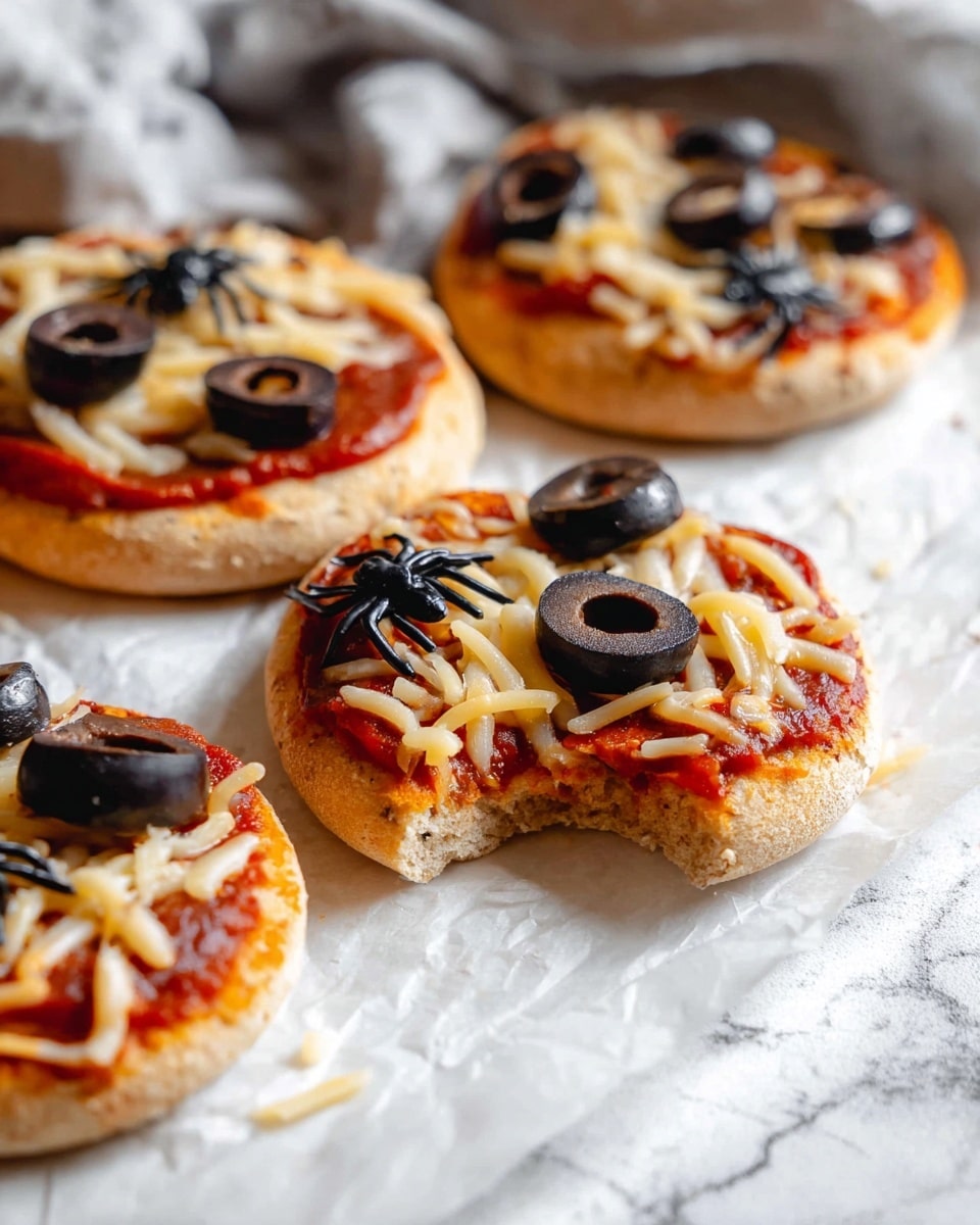 The image shows small round mini pizzas placed on white parchment paper over a white marbled surface. Each mini pizza has three visible layers: a light brown toasted dough base, a bright red tomato sauce spread evenly above the dough, and a topping layer of shredded pale yellow cheese sprinkled with whole and halved black olives on top. One mini pizza in the foreground has a bite taken out, showing the soft texture inside the dough. In the background, a woman's hand is partly visible, adding a sense of scale. Photo taken with an iphone --ar 4:5 --v 7