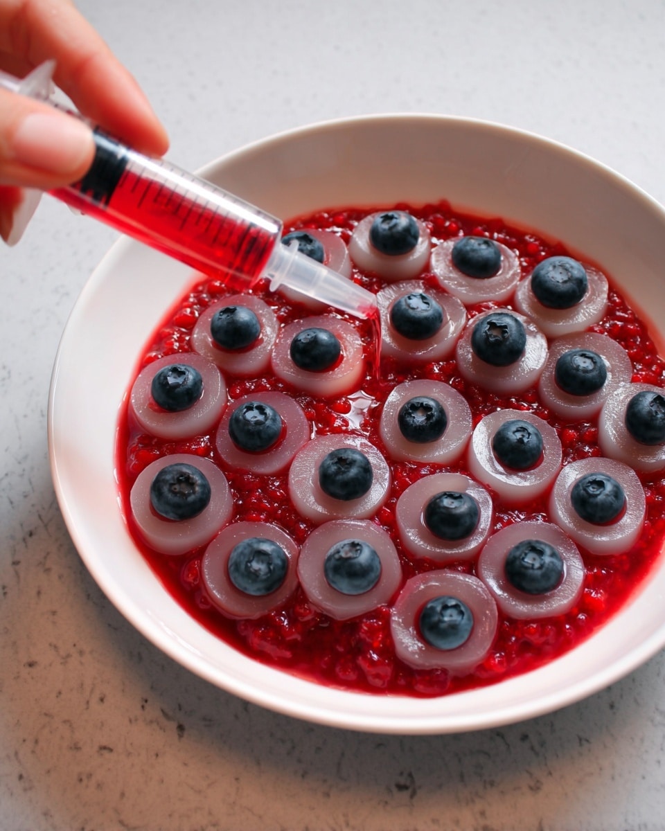 A white shallow bowl filled with a bright red, slightly chunky sauce as the base layer. On top of the red sauce, there are two rows of translucent round slices, each topped with a single fresh blueberry in the center. A woman's hand is holding a syringe filled with red liquid, positioned above the bowl as if about to squirt it onto the dish. The surface underneath the bowl is a white marbled texture. photo taken with an iphone --ar 4:5 --v 7