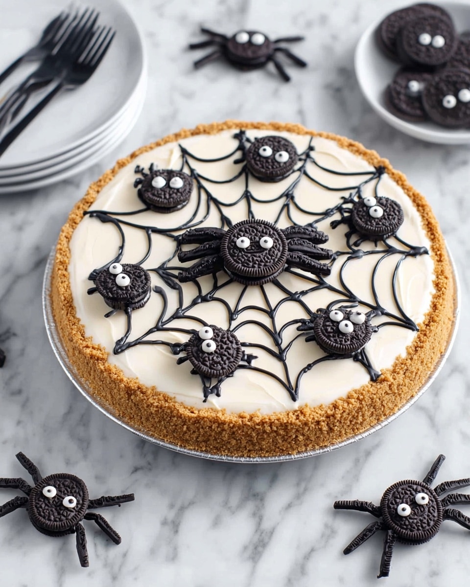 This is a round pie with three main layers: the bottom layer is a golden-brown crumbly crust; the middle layer is smooth white cream filling; the top layer is decorated with black spider web lines made from icing spreading from the center to the edges. There are small Oreo cookies with white eyes and black icing legs placed as spiders on top — one big spider is in the center with pretzel pieces for legs, and eight smaller spiders spread evenly around it. The pie sits on a silver plate on a white marbled surface, with black plastic spider decorations and a small white plate with black forks in the background. Photo taken with an iphone --ar 4:5 --v 7
