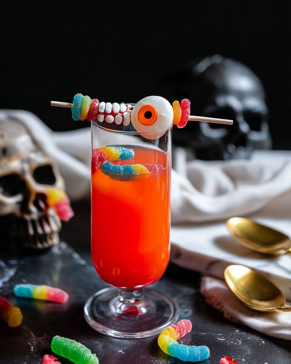 A tall, clear cocktail glass filled with a bright red drink is held by a woman's hand. The glass is decorated with a white stick placed horizontally at the top, from which hang various colorful candies: a green and orange gummy on the left, a white candy shaped like small teeth, a round white candy with an orange ring and a black center resembling an eye in the middle, a red and yellow gummy worm, and a blue and red gummy on the right. The background is dark, making the red drink and vivid candies stand out clearly. The surface below is a white marbled texture. photo taken with an iphone --ar 4:5 --v 7