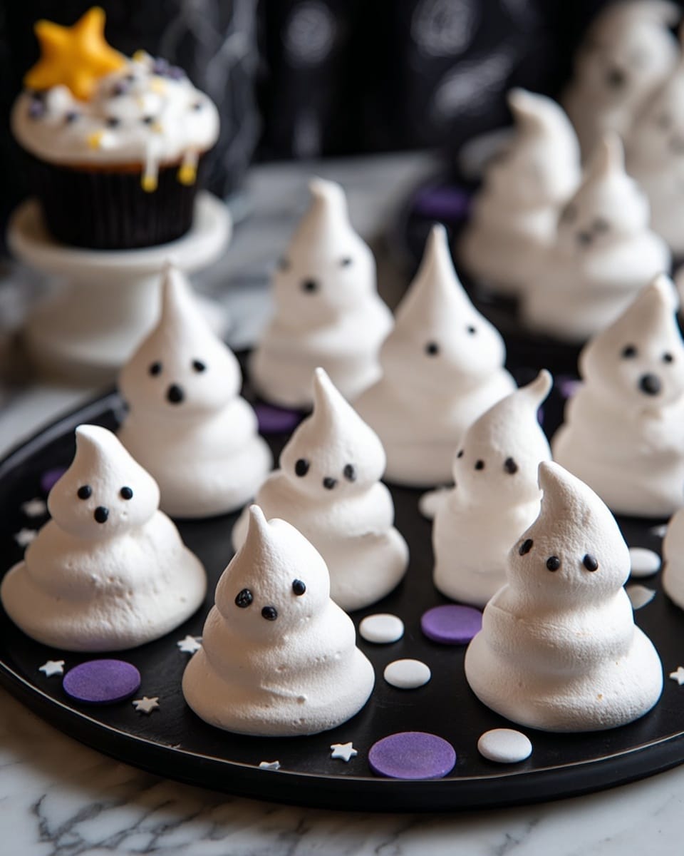The image shows many small, white meringue ghosts on a black round tray, each shaped with a pointy top and decorated with two or three small black dots for eyes and mouths giving them different spooky expressions. The ghosts vary in size but keep the same simple, smooth texture. Around the tray edge, there are small circular and star-shaped candy sprinkles in white, purple, and black. In the background, there is a white cupcake with black frosting and yellow decoration, topped with a similar ghost figure. The surface beneath the tray is white marble. The photo has a soft, natural light and is focused on the front ghosts with a blurred background. photo taken with an iphone --ar 4:5 --v 7