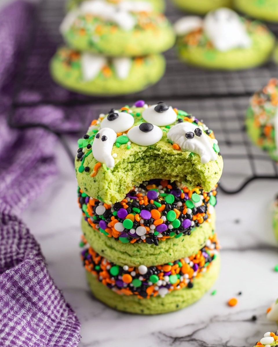 A stack of three green cookies decorated for Halloween sits on a white marbled surface. The top cookie has white ghost-shaped sprinkles, black sprinkle lines, and three large white eyeball decorations, with a bite taken from its side revealing a soft, green crumb inside. The middle cookie has multicolored round sprinkles in orange, purple, green, black, and white, along with a single eyeball decoration partly visible. The bottom cookie is covered with small orange, green, and black round sprinkles and white ghost-shaped sprinkles. In the background, more cookies with similar green color and decorations rest on a black wire rack. A purple and white checkered cloth is partially visible on the left side of the image. photo taken with an iphone --ar 4:5 --v 7